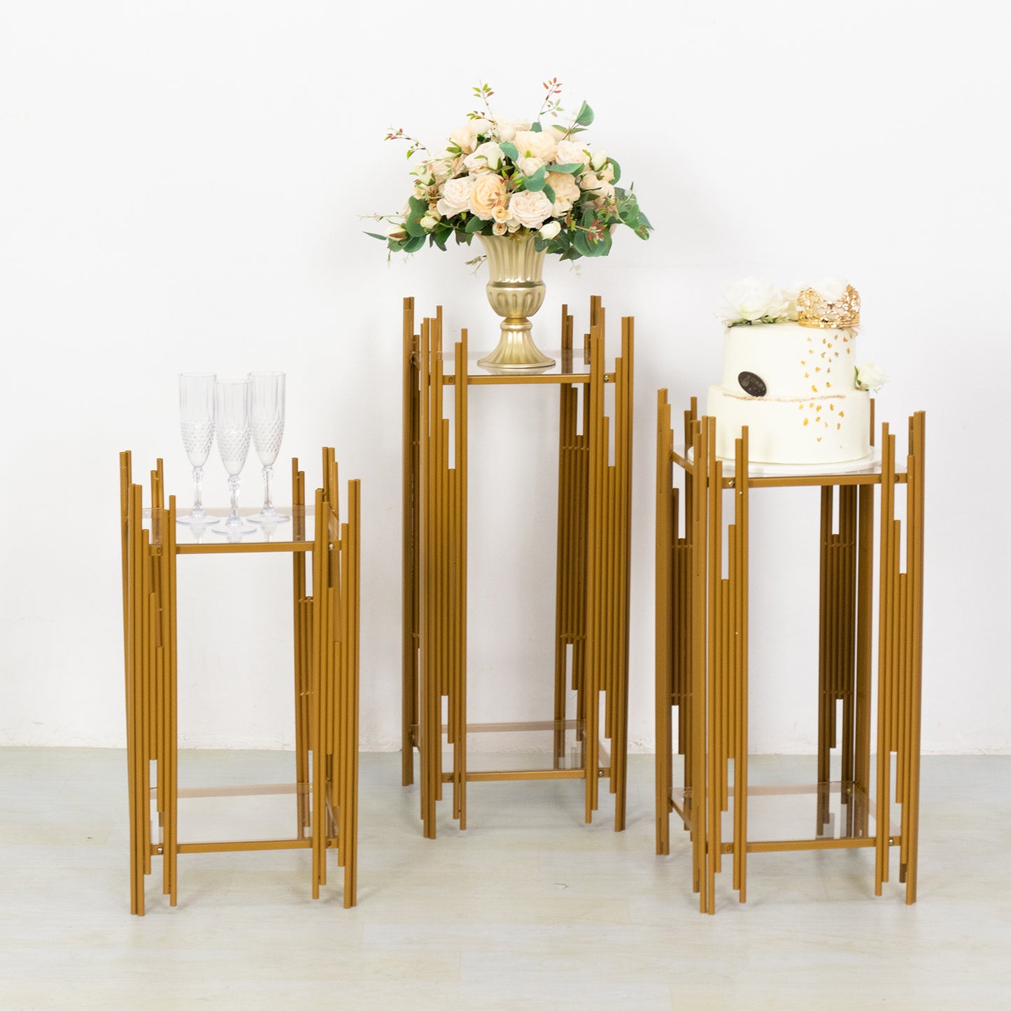 Set of 3 Gold Metal Plinths Cake Table Pedestal Stands With Square Acrylic Plates, Wedding Props Flower Display Stands - 26",30",34"