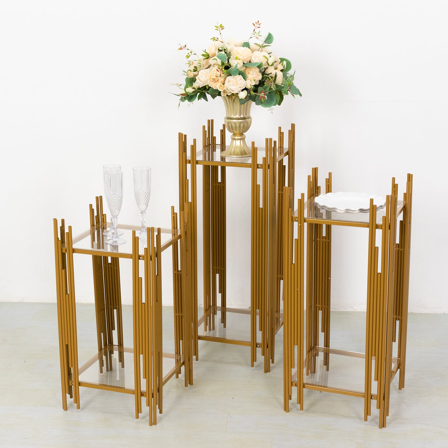 Set of 3 Gold Metal Plinths Cake Table Pedestal Stands With Square Acrylic Plates, Wedding Props Flower Display Stands - 26",30",34"