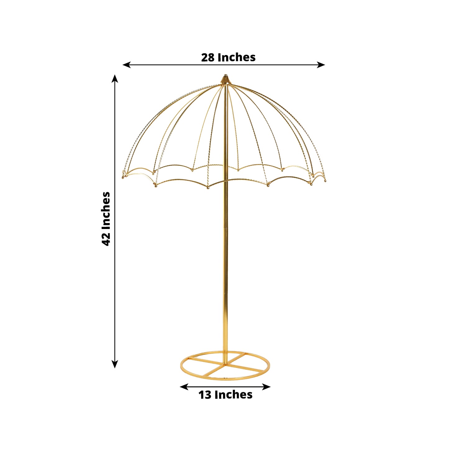 Gold metal umbrella flower stand for wedding table centerpiece.