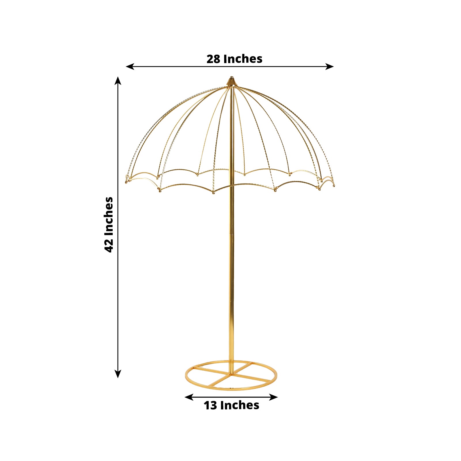 Gold metal umbrella flower stand for wedding table centerpiece.