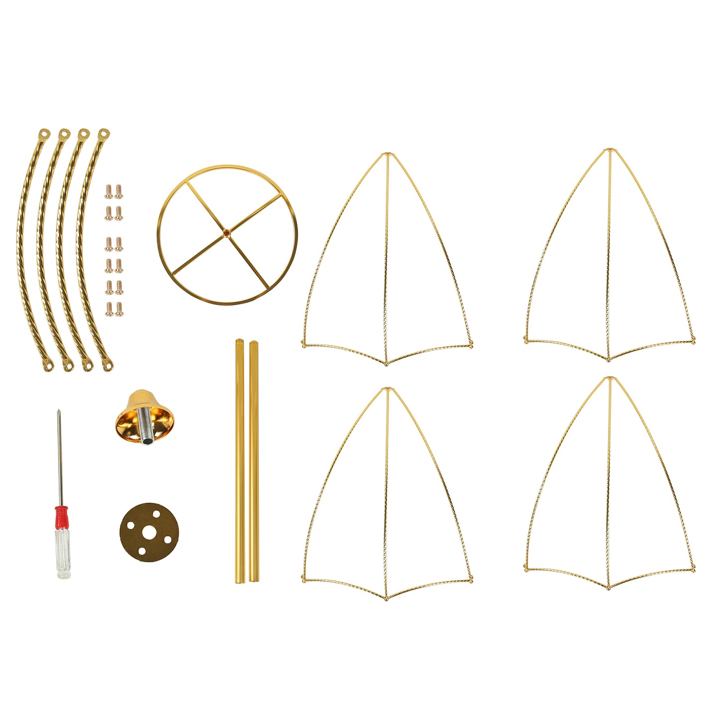 Gold metal umbrella flower stand assembly parts for wedding centerpiece.