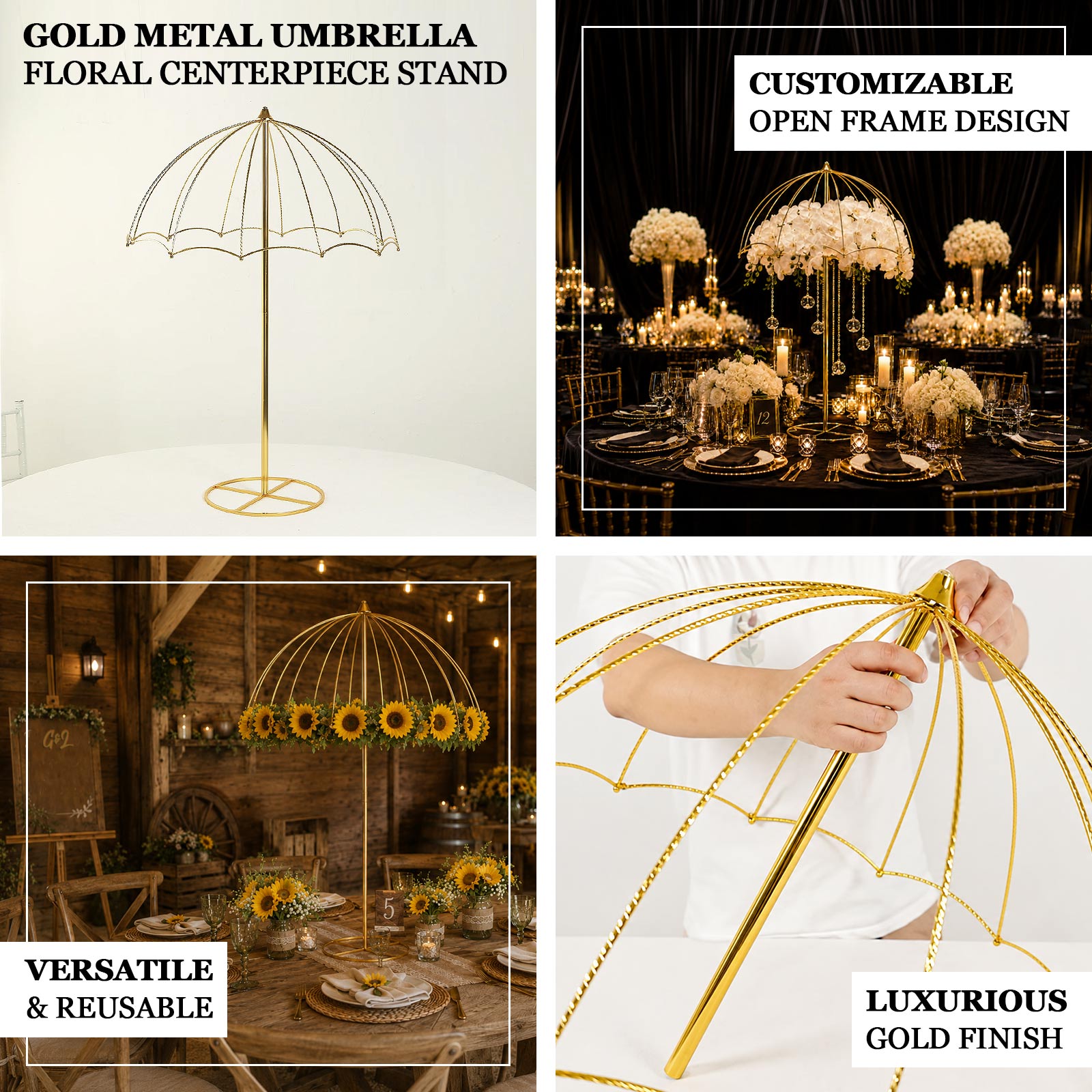 Gold metal umbrella floral centerpiece stand for weddings, special occasions, and event centerpieces