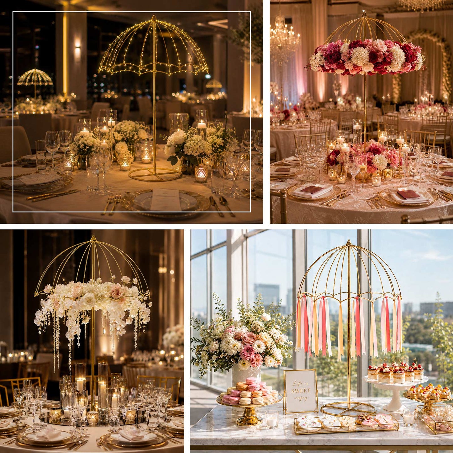 Gold metal umbrella floral centerpiece stand for weddings, special occasions, and event centerpieces