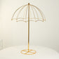 Gold metal umbrella flower stand for wedding table centerpiece.