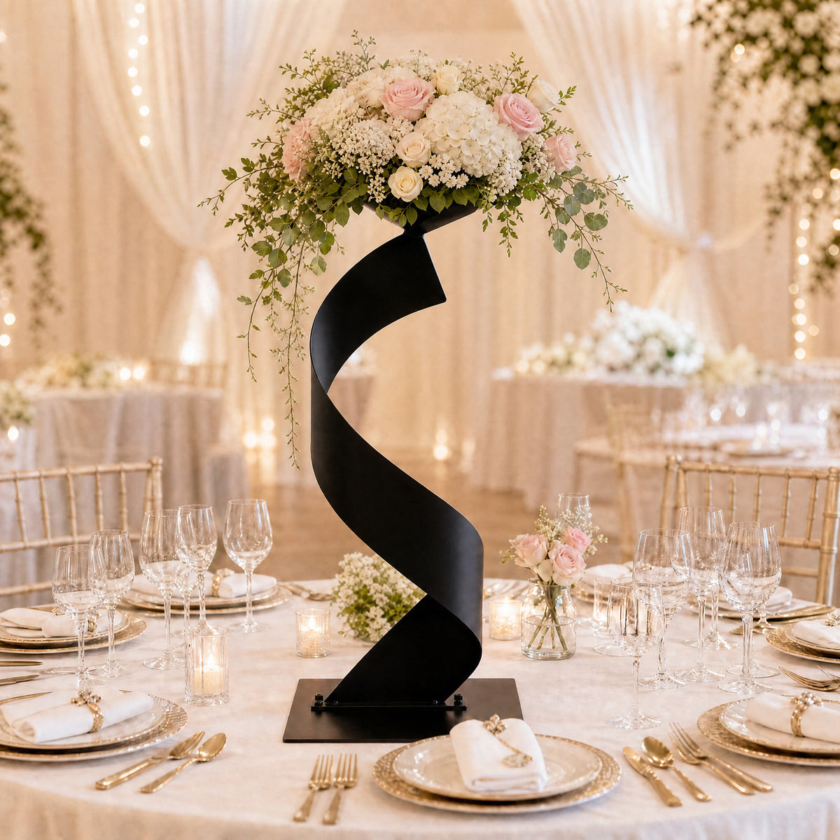 2 Pack Black Metal Floral Centerpiece Stands – Spiral Ribbon Design, 32" Tall with 7" Top Tray