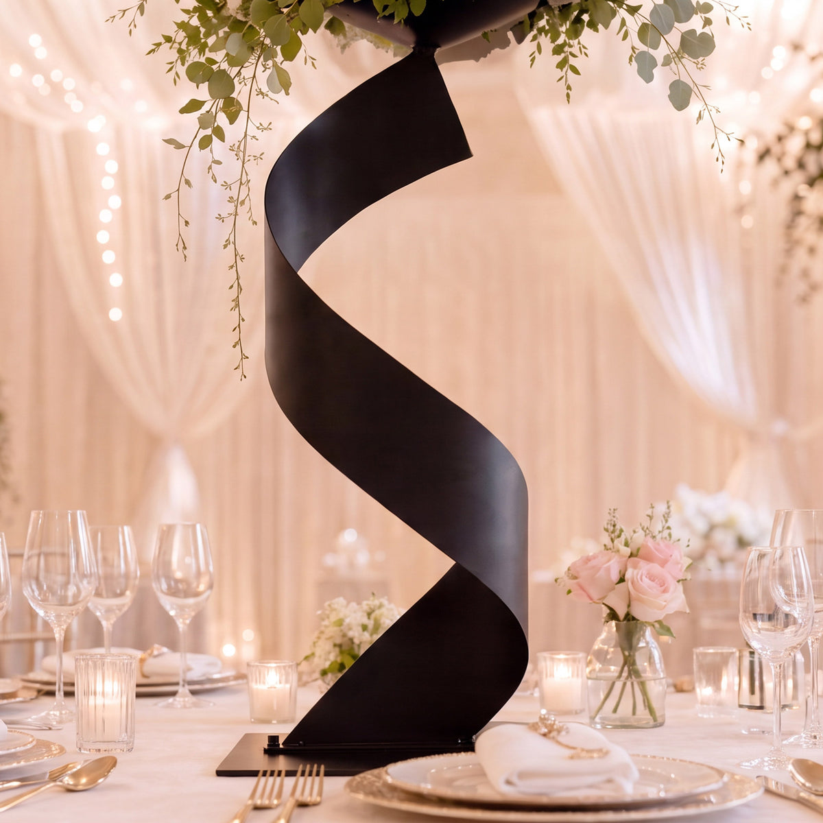 2 Pack Black Metal Floral Centerpiece Stands – Spiral Ribbon Design, 32" Tall with 7" Top Tray