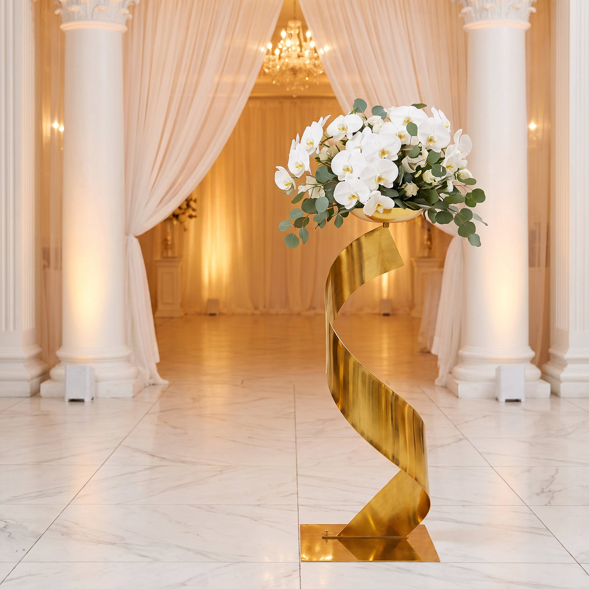 2 Pack Gold Metal Floral Centerpiece Stands – Spiral Ribbon Design, 32" Tall with 7" Top Tray