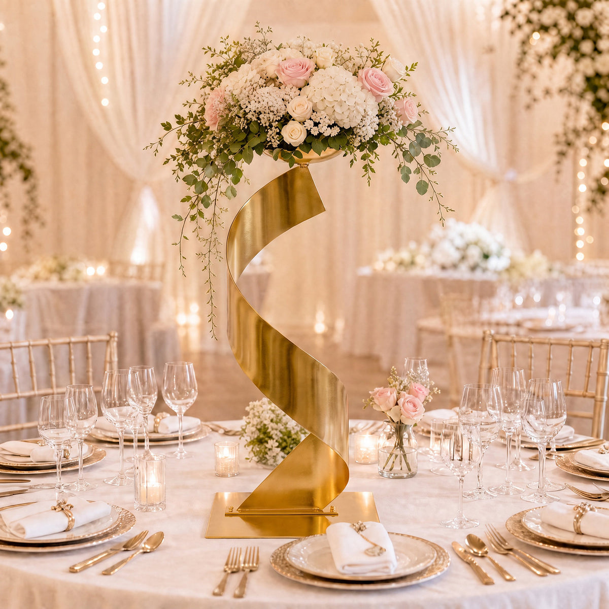 2 Pack Gold Metal Floral Centerpiece Stands – Spiral Ribbon Design, 32" Tall with 7" Top Tray