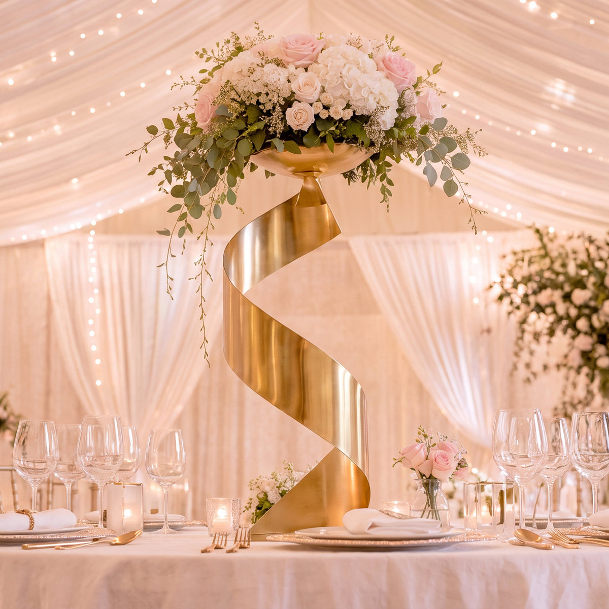 2 Pack Gold Metal Floral Centerpiece Stands – Spiral Ribbon Design, 32" Tall with 7" Top Tray