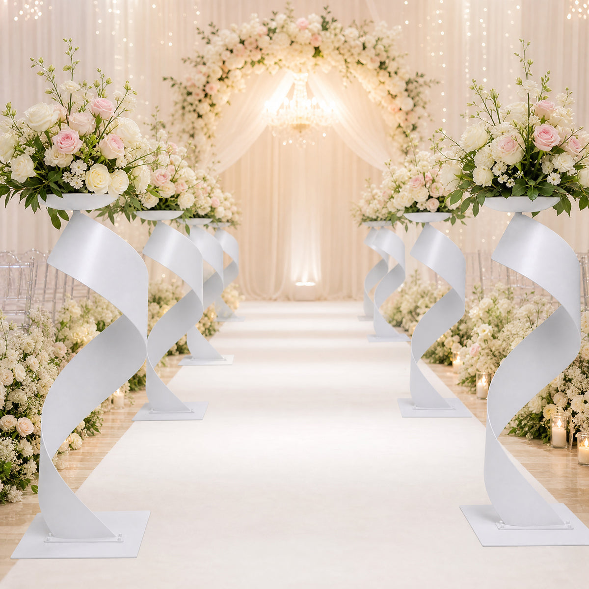 2 Pack White Metal Floral Centerpiece Stands – Spiral Ribbon Design, 32" Tall with 7" Top Tray