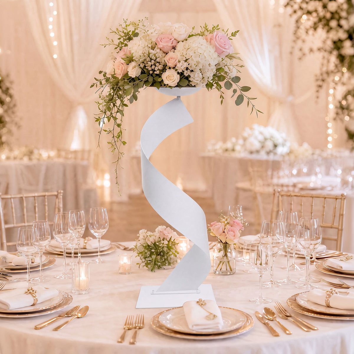 2 Pack White Metal Floral Centerpiece Stands – Spiral Ribbon Design, 32" Tall with 7" Top Tray