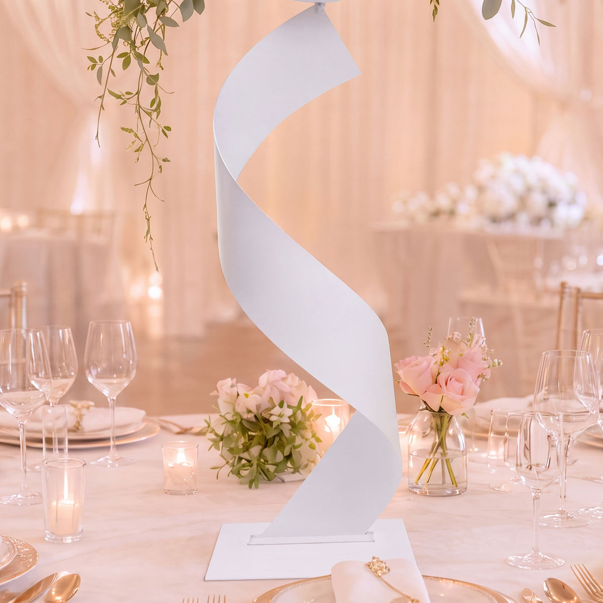 2 Pack White Metal Floral Centerpiece Stands – Spiral Ribbon Design, 32" Tall with 7" Top Tray