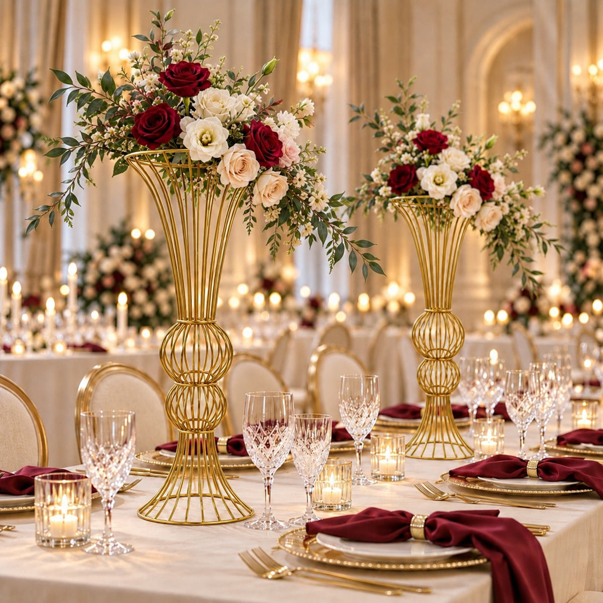 2 Pack 32" Metal Floral Stands, Double Orb Hourglass Trumpet Centerpiece Design, Gold - Table Center