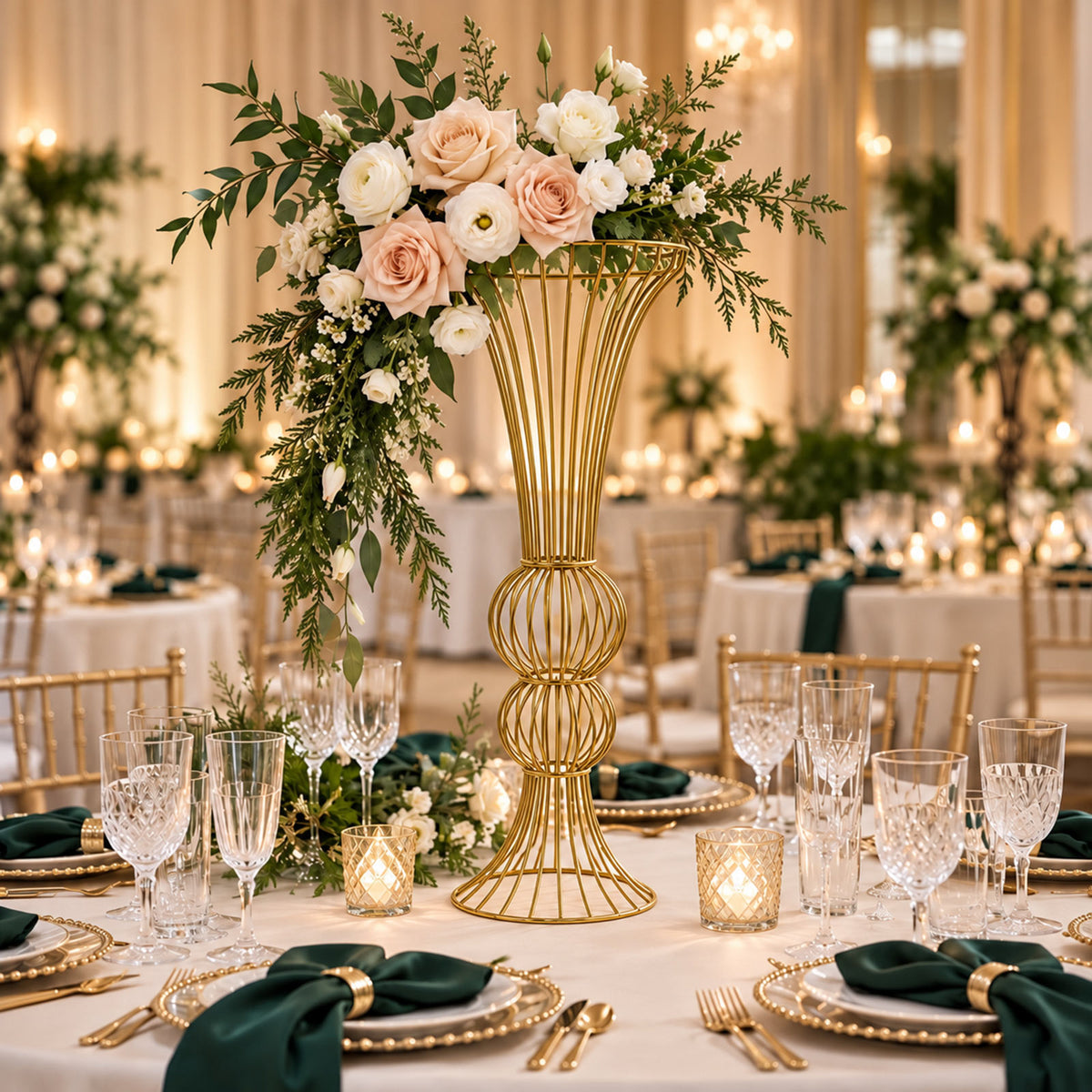 2 Pack 32" Metal Floral Stands, Double Orb Hourglass Trumpet Centerpiece Design, Gold - Table Center