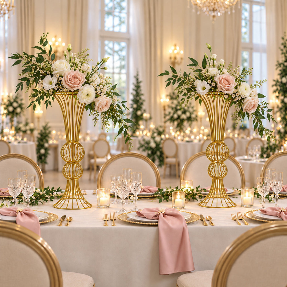 2 Pack 32" Metal Floral Stands, Double Orb Hourglass Trumpet Centerpiece Design, Gold - Table Center