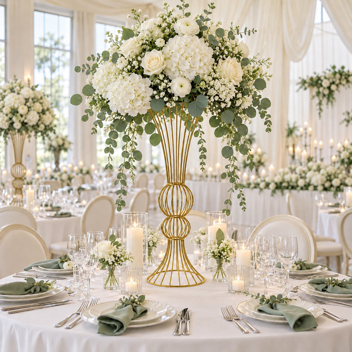 2 Pack 32" Metal Floral Stands, Double Orb Hourglass Trumpet Centerpiece Design, Gold - Table Center