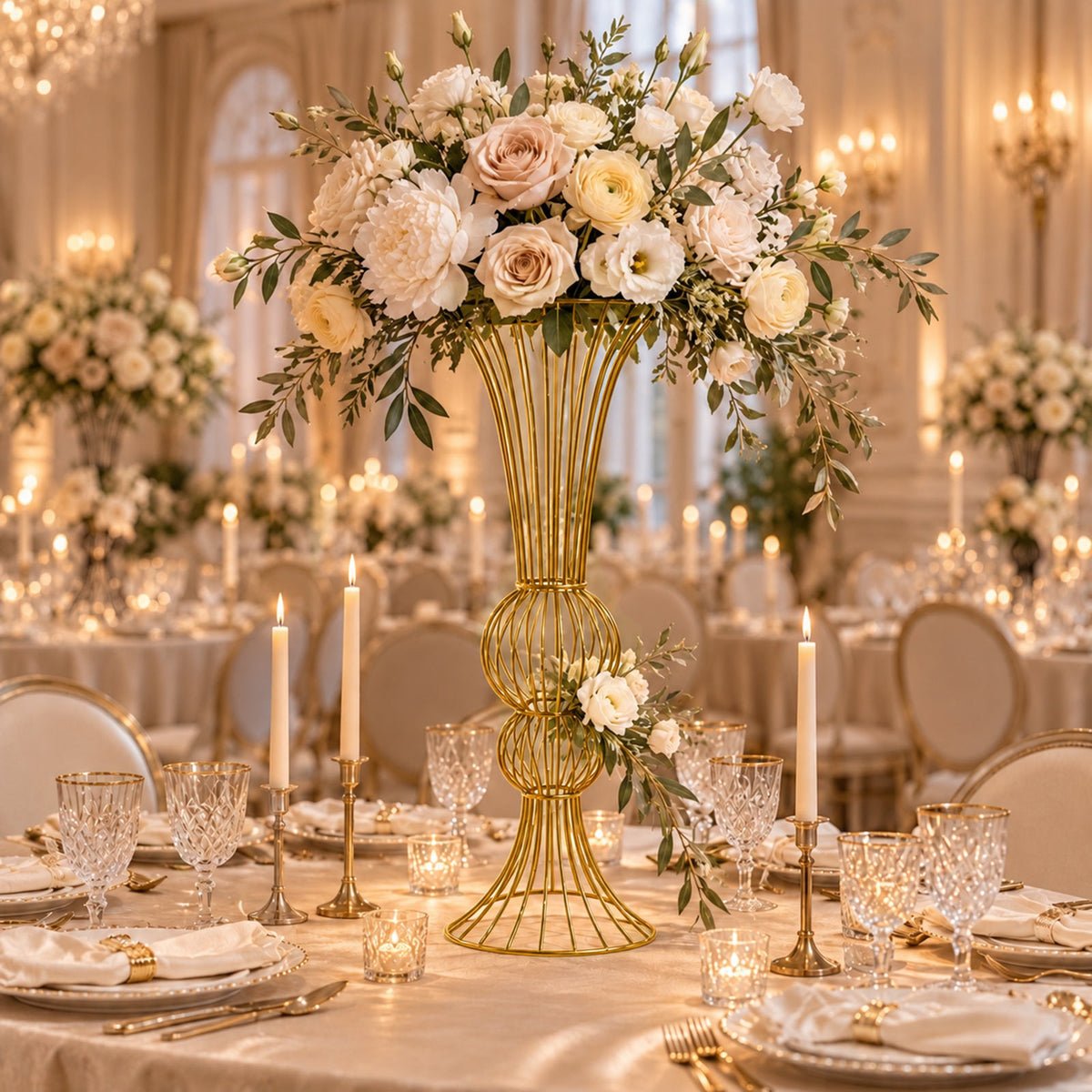 2 Pack 32" Metal Floral Stands, Double Orb Hourglass Trumpet Centerpiece Design, Gold - Table Center