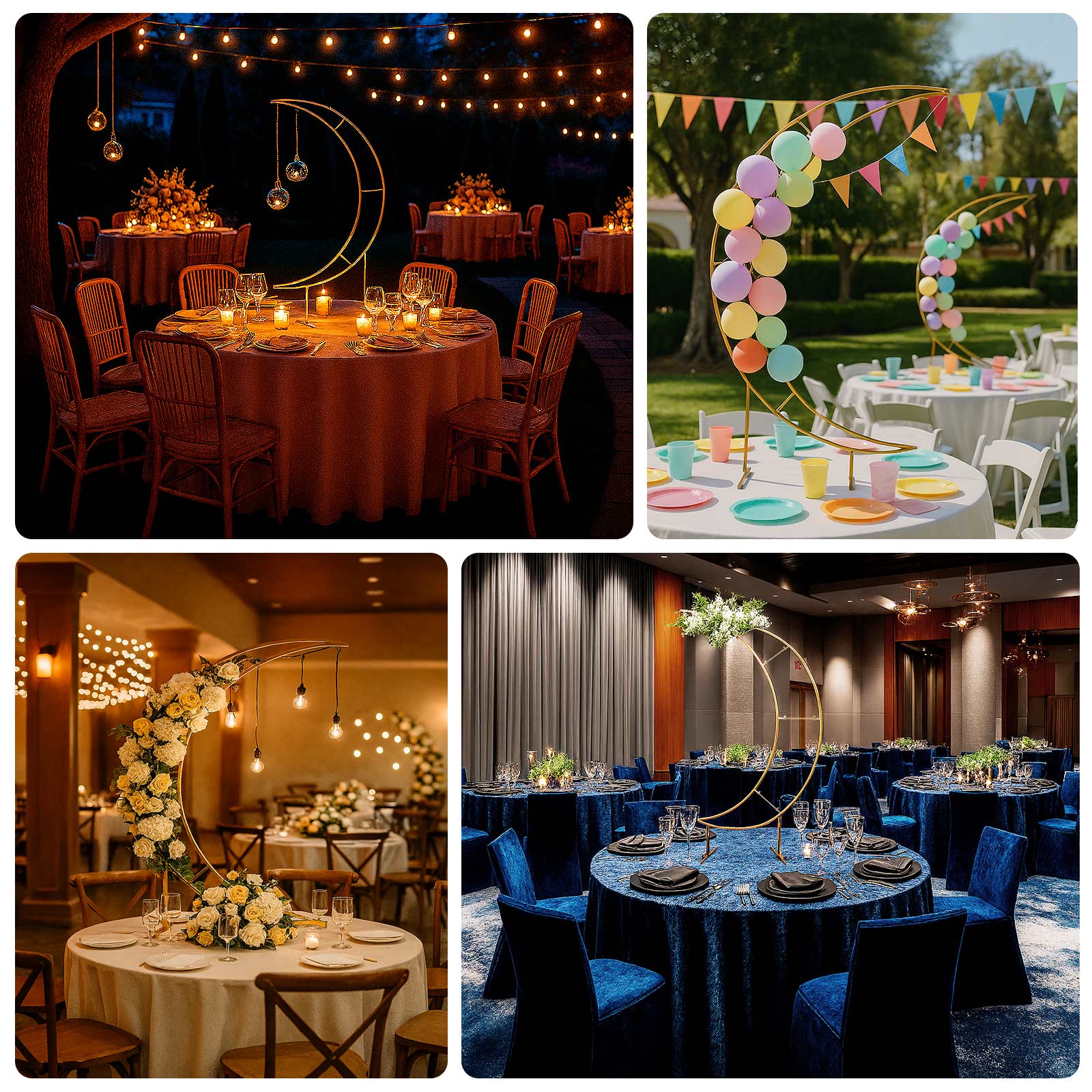 4ft Gold Metal Half Crescent Moon Wedding Arbor Frame, Table Top Centerpiece Curved Design Arch Flower Balloon Stand