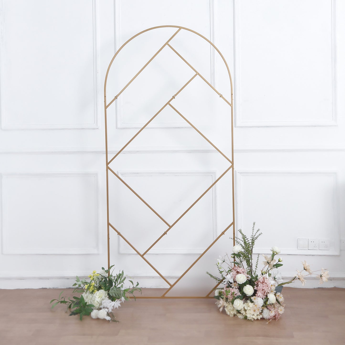 7ft Tall Gold Metal Round Top Geometric Flower Frame Prop Stand, Rectangular Wedding Backdrop Floor Stand With Cloudy Film Insert