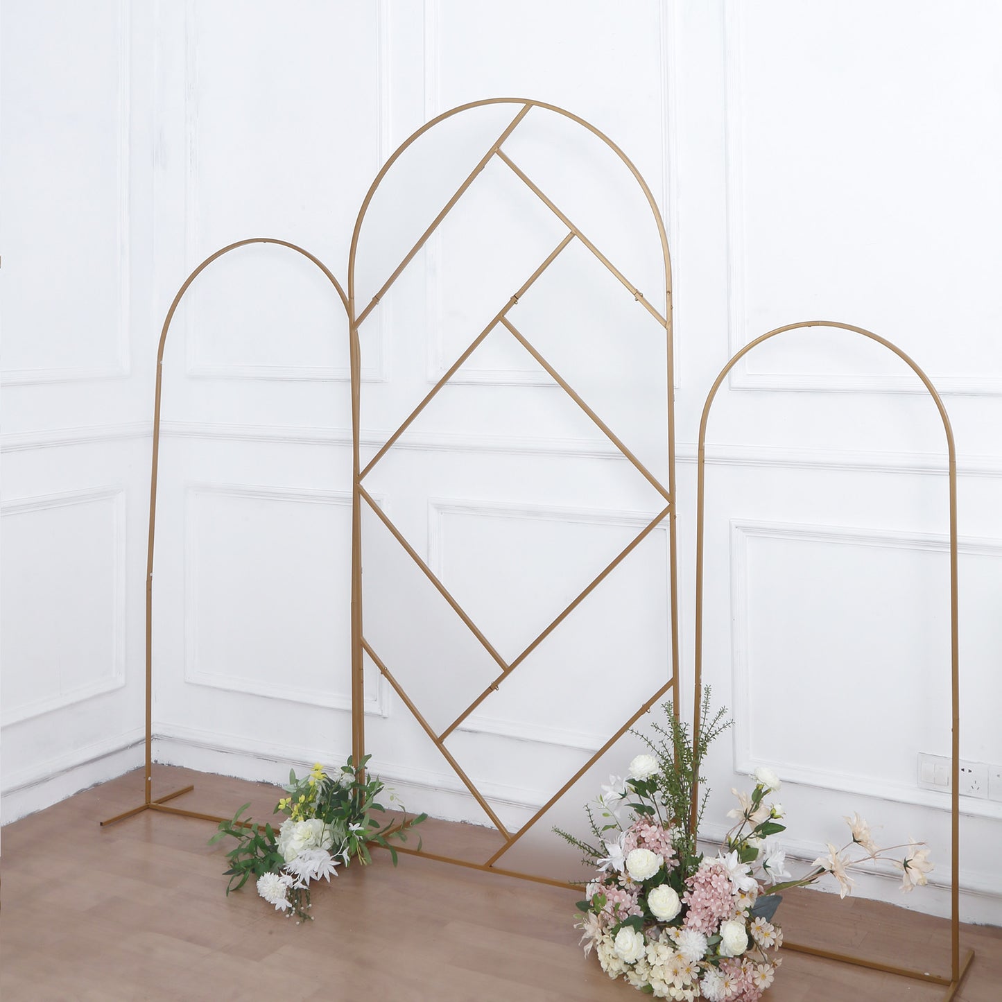 7ft Tall Gold Metal Round Top Geometric Flower Frame Prop Stand, Rectangular Wedding Backdrop Floor Stand With Cloudy Film Insert