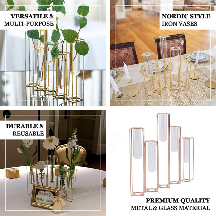 Set of 5 | 12" Conjoined Gold Frame Test Tube Hydroponic Vases, Geometric Wedding Centerpieces