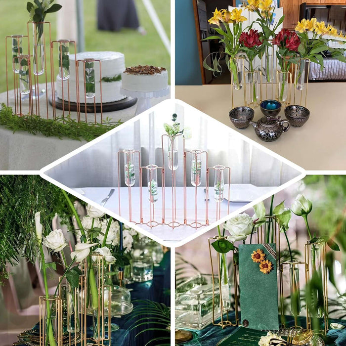 Set of 5 | 12" Conjoined Gold Frame Test Tube Hydroponic Vases, Geometric Wedding Centerpieces