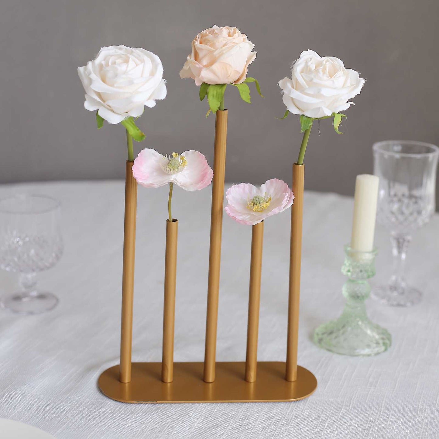 10" Gold Metal Minimalist Single Stem Flower Vase Centerpiece, 5-Tubes Bud Vase