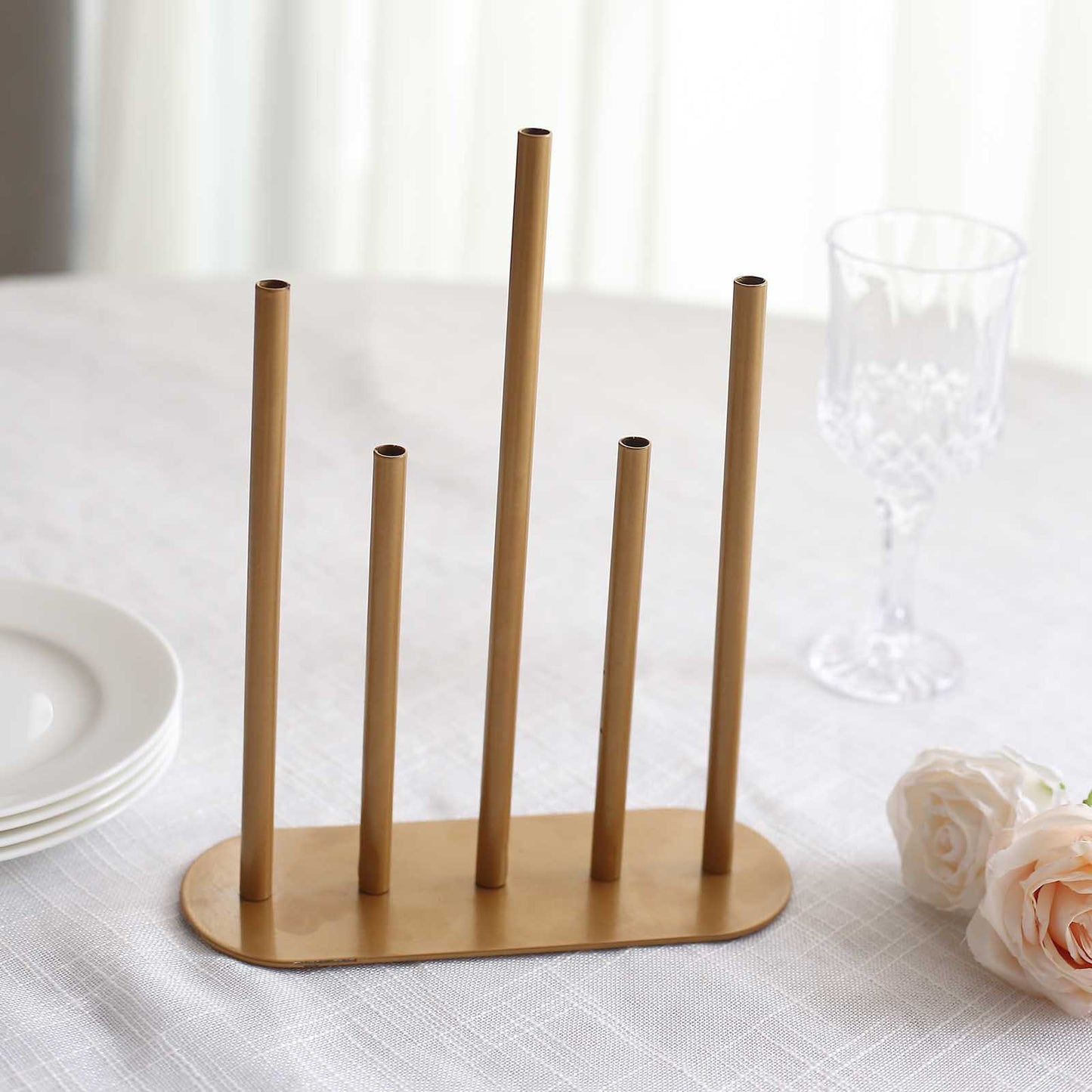 10" Gold Metal Minimalist Single Stem Flower Vase Centerpiece, 5-Tubes Bud Vase