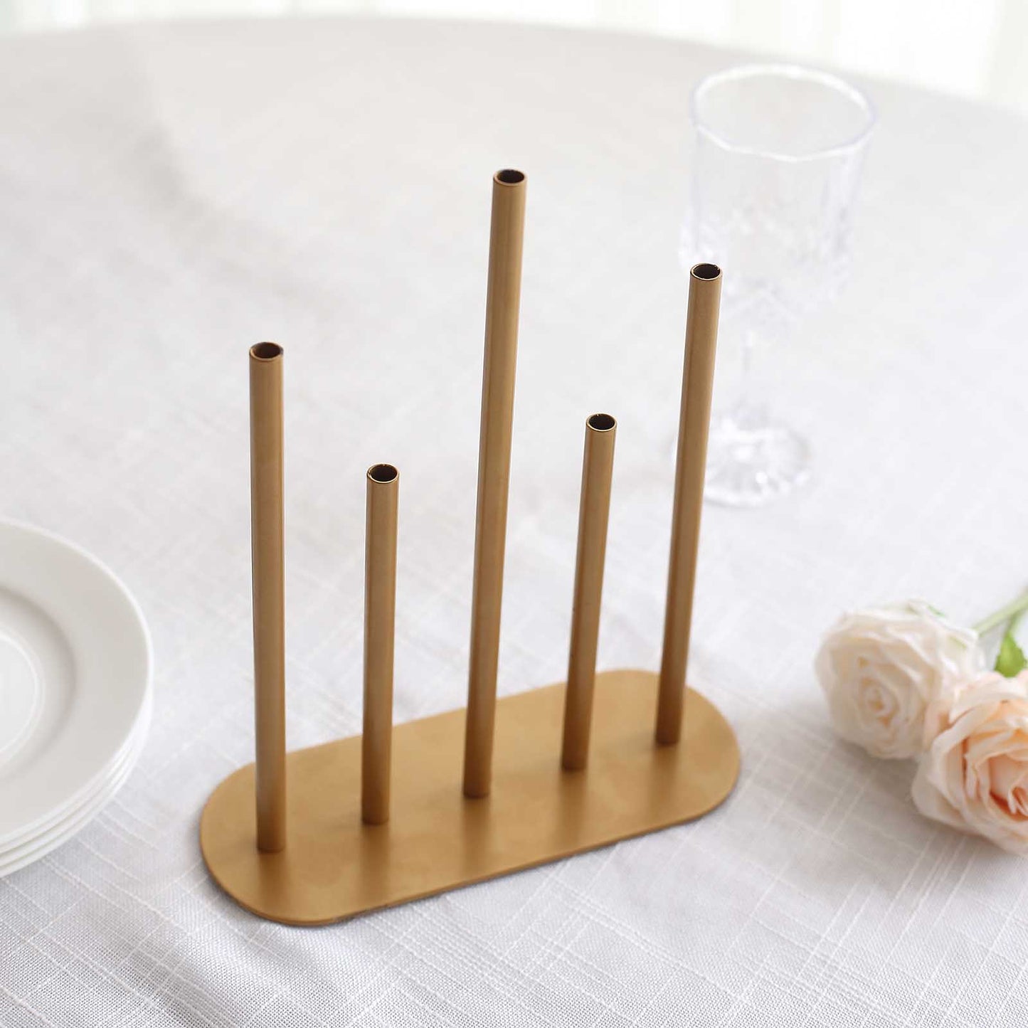 10" Gold Metal Minimalist Single Stem Flower Vase Centerpiece, 5-Tubes Bud Vase