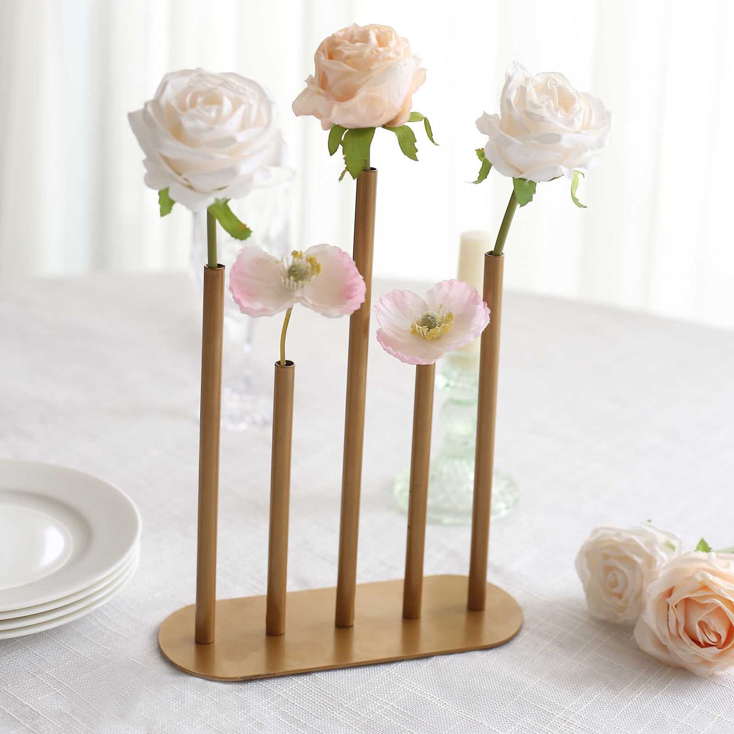 10" Gold Metal Minimalist Single Stem Flower Vase Centerpiece, 5-Tubes Bud Vase
