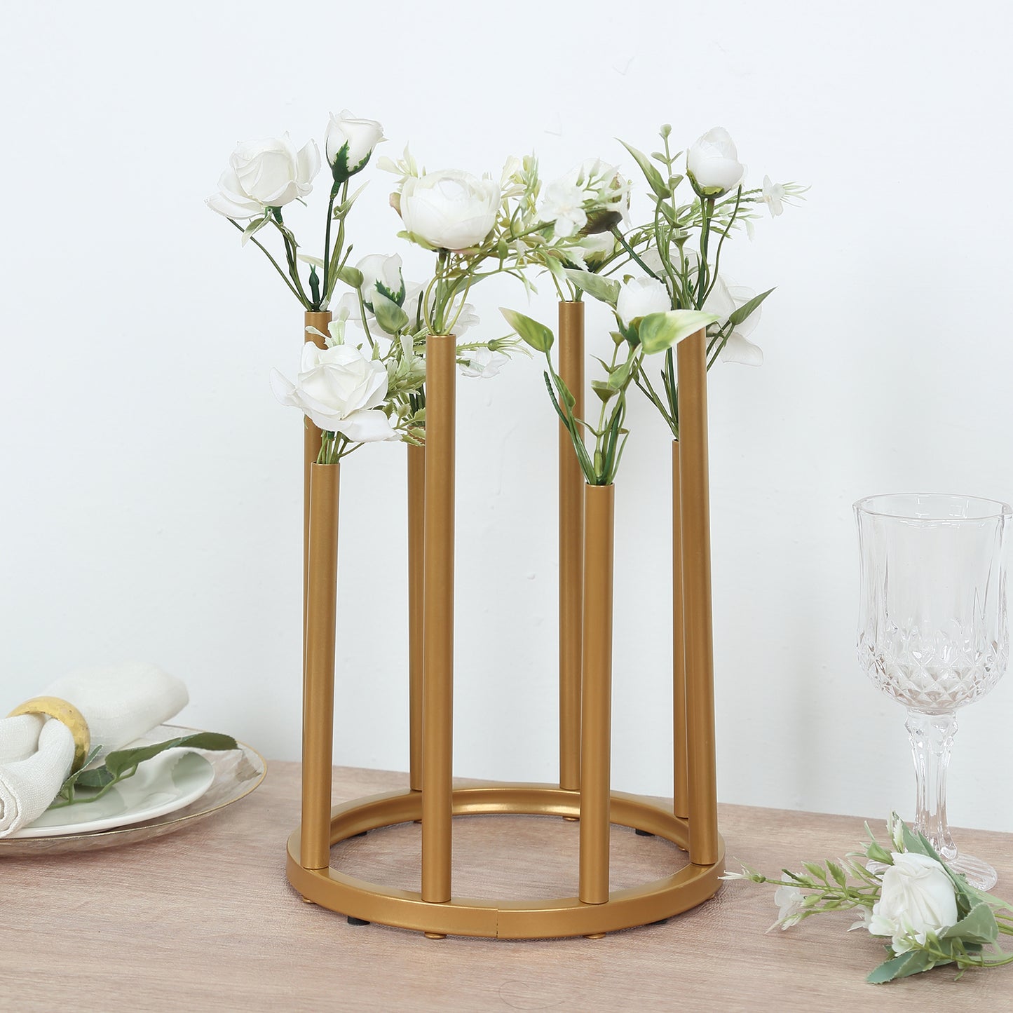 10" Gold Metal 8-Tubes Single Stemmed Flower Vase Centerpiece with Hollow Round Base, Minimalist Style Bud Vase For Floral Arrangements