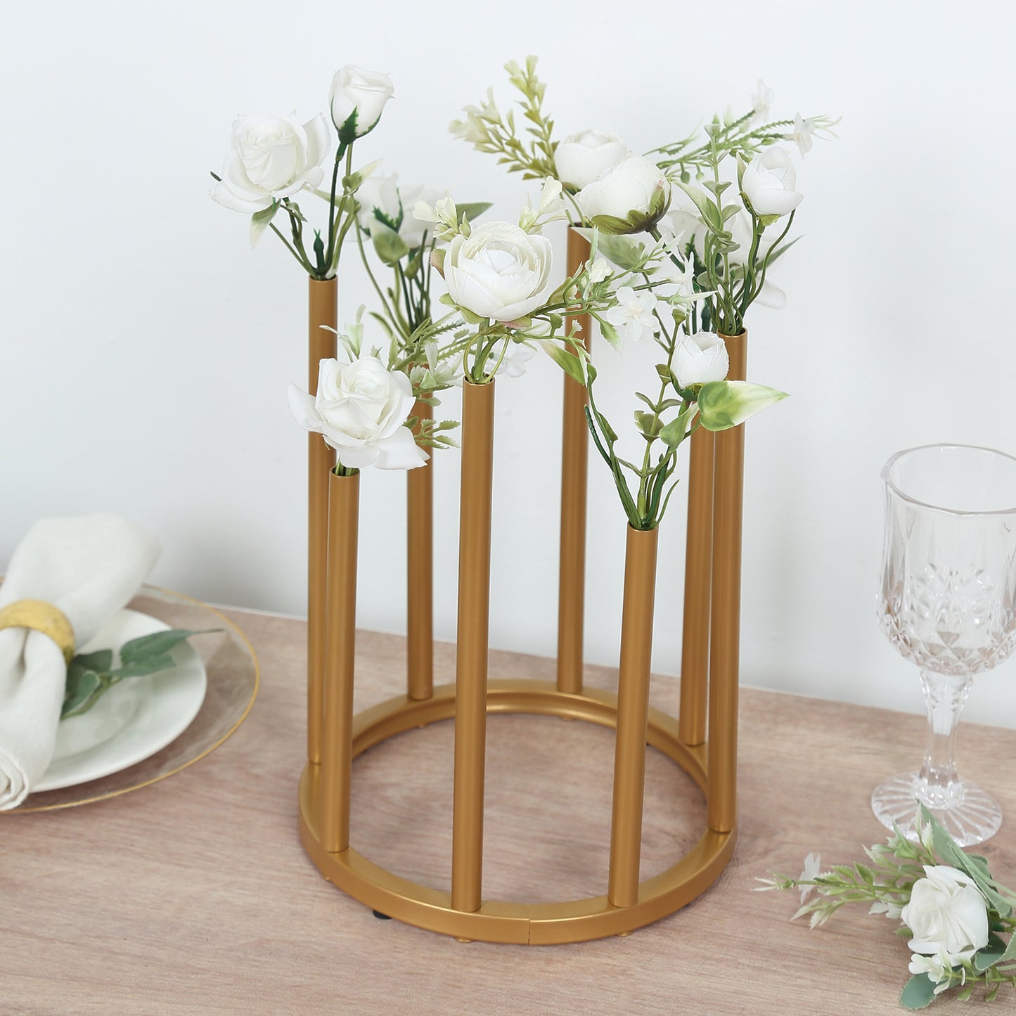 10" Gold Metal 8-Tubes Single Stemmed Flower Vase Centerpiece with Hollow Round Base, Minimalist Style Bud Vase For Floral Arrangements