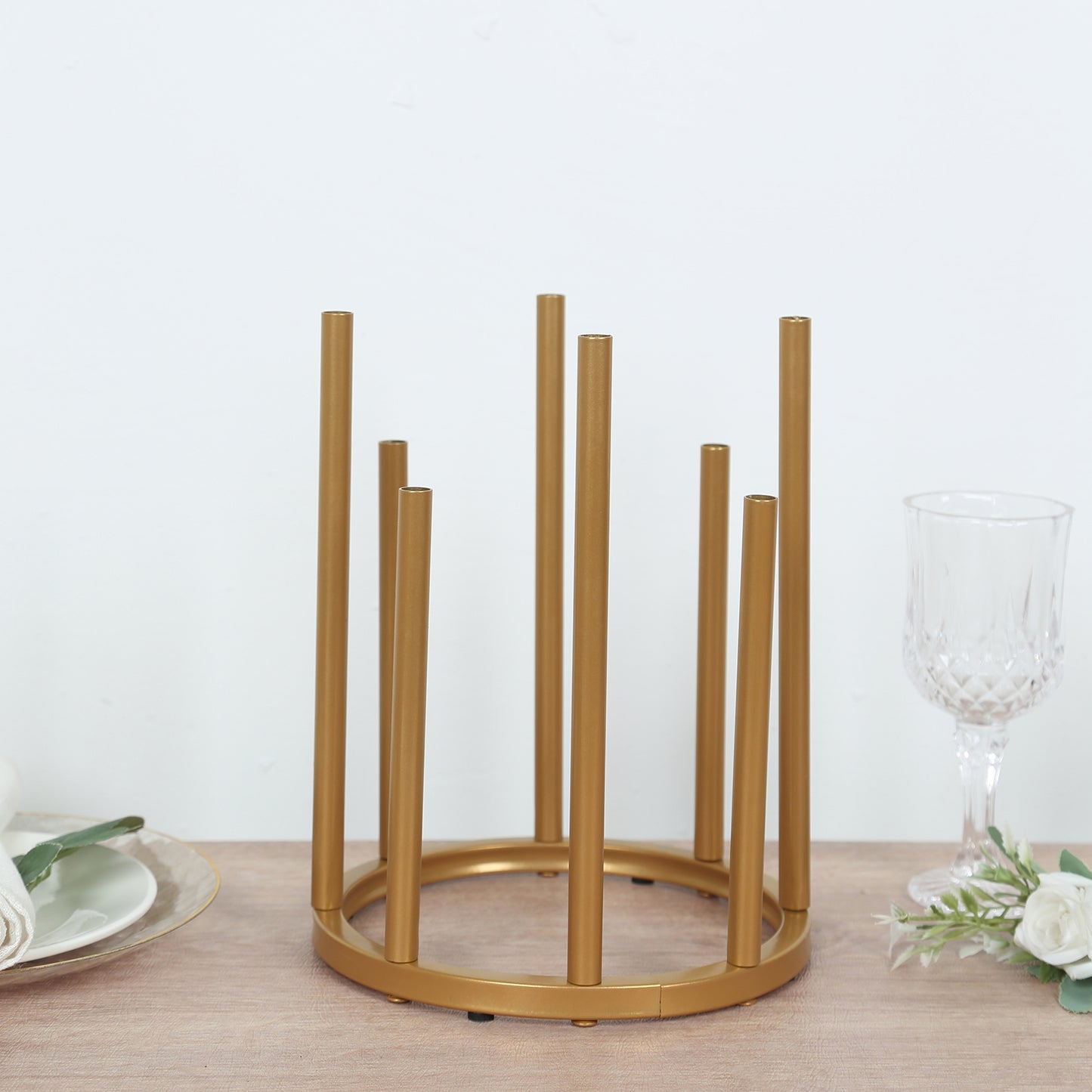 10" Gold Metal 8-Tubes Single Stemmed Flower Vase Centerpiece with Hollow Round Base, Minimalist Style Bud Vase For Floral Arrangements