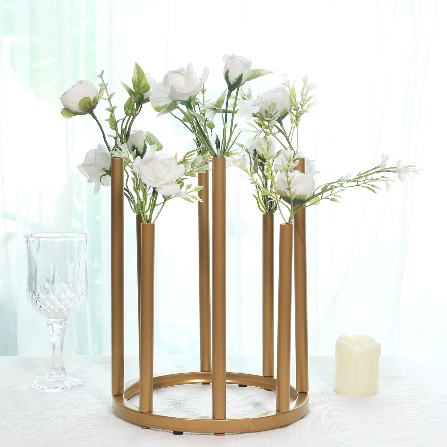 10" Gold Metal 8-Tubes Single Stemmed Flower Vase Centerpiece with Hollow Round Base, Minimalist Style Bud Vase For Floral Arrangements