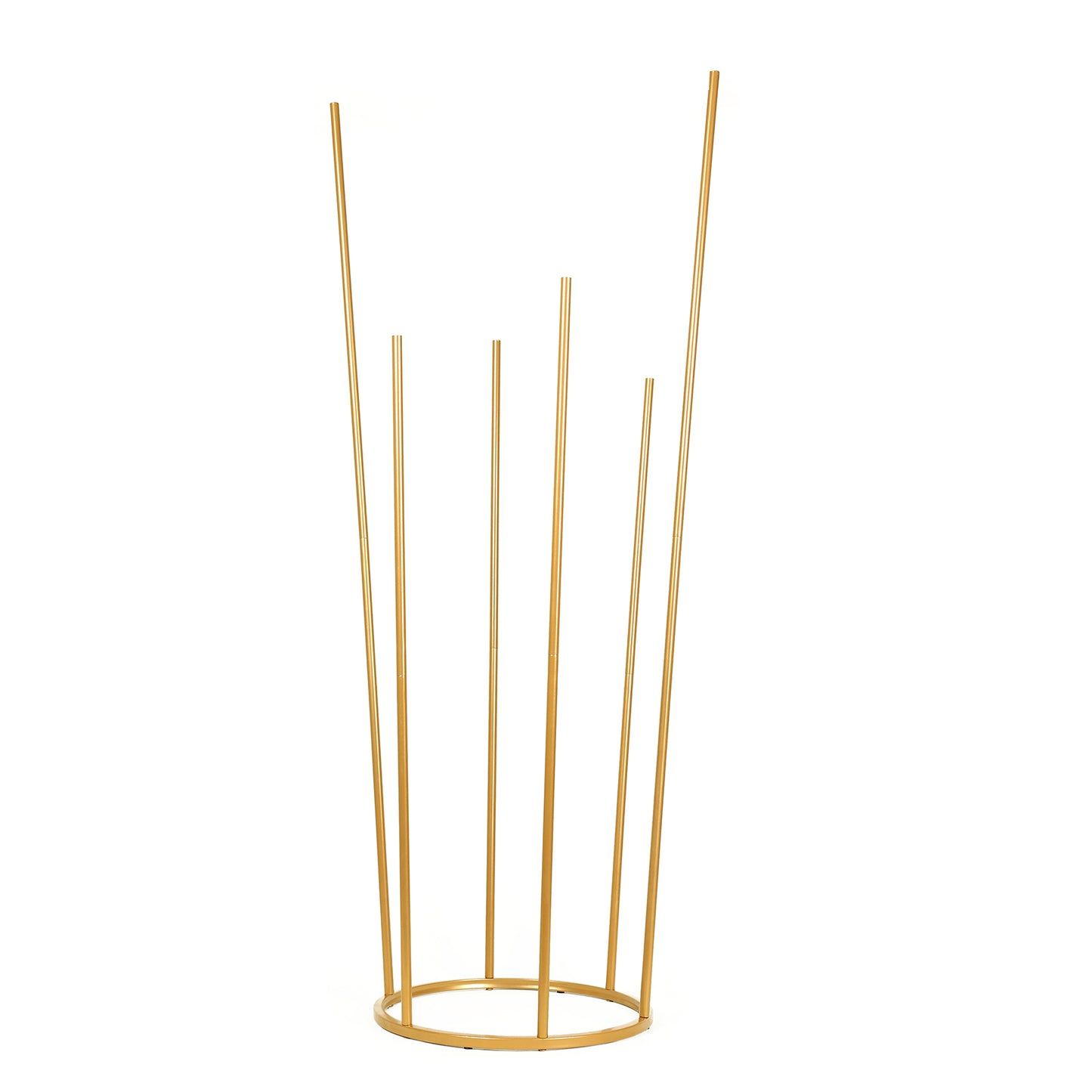 4ft Tall Gold Metal Single Stem Flower Vase in Minimalist Style, 6-Tubes Table Centerpiece Stand for Floral Arrangements with Hollow Round Base