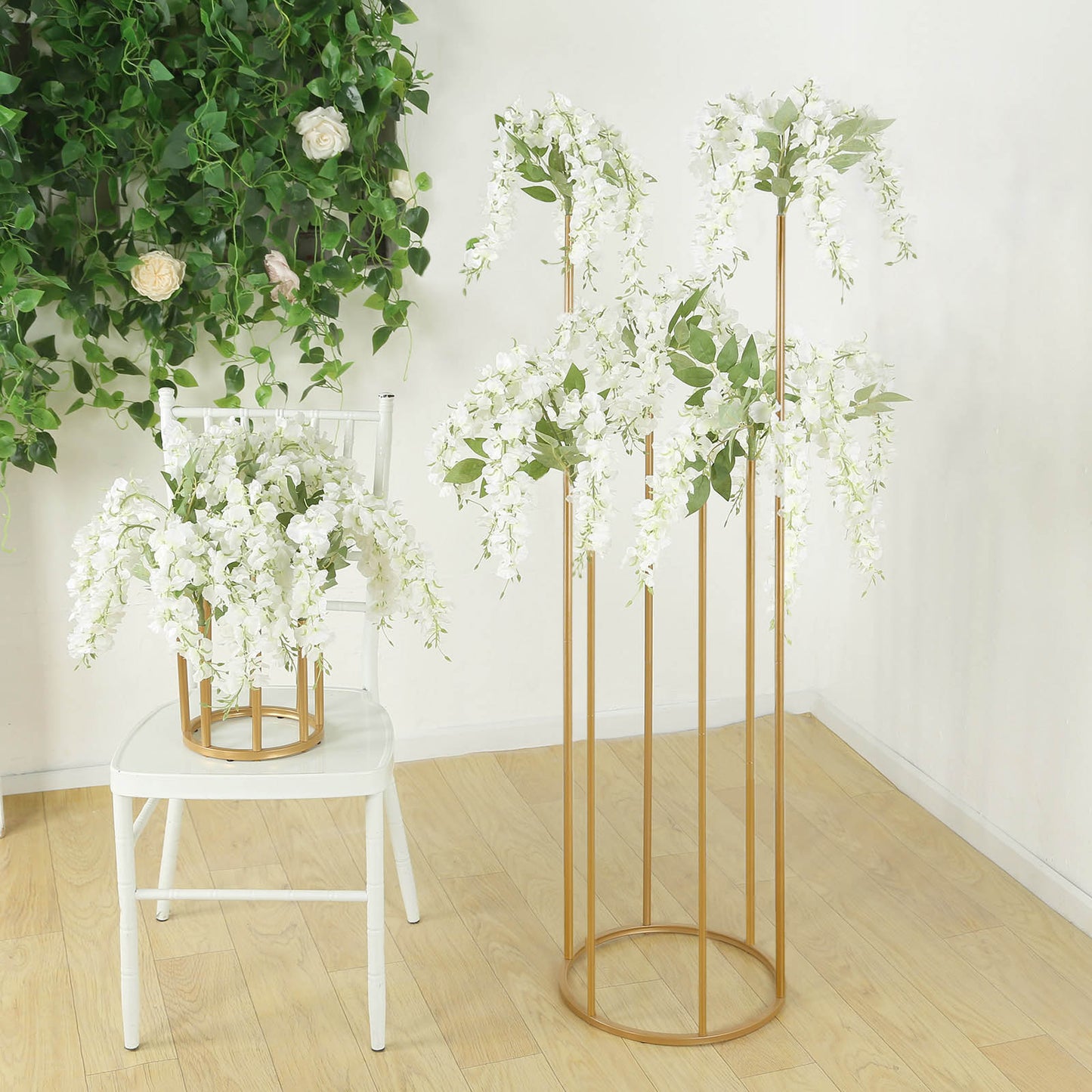 4ft Tall Gold Metal Single Stem Flower Vase in Minimalist Style, 6-Tubes Table Centerpiece Stand for Floral Arrangements with Hollow Round Base
