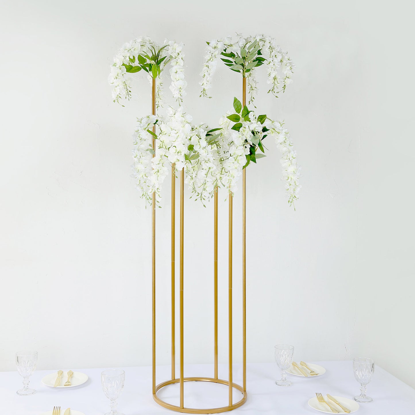 4ft Tall Gold Metal Single Stem Flower Vase in Minimalist Style, 6-Tubes Table Centerpiece Stand for Floral Arrangements with Hollow Round Base