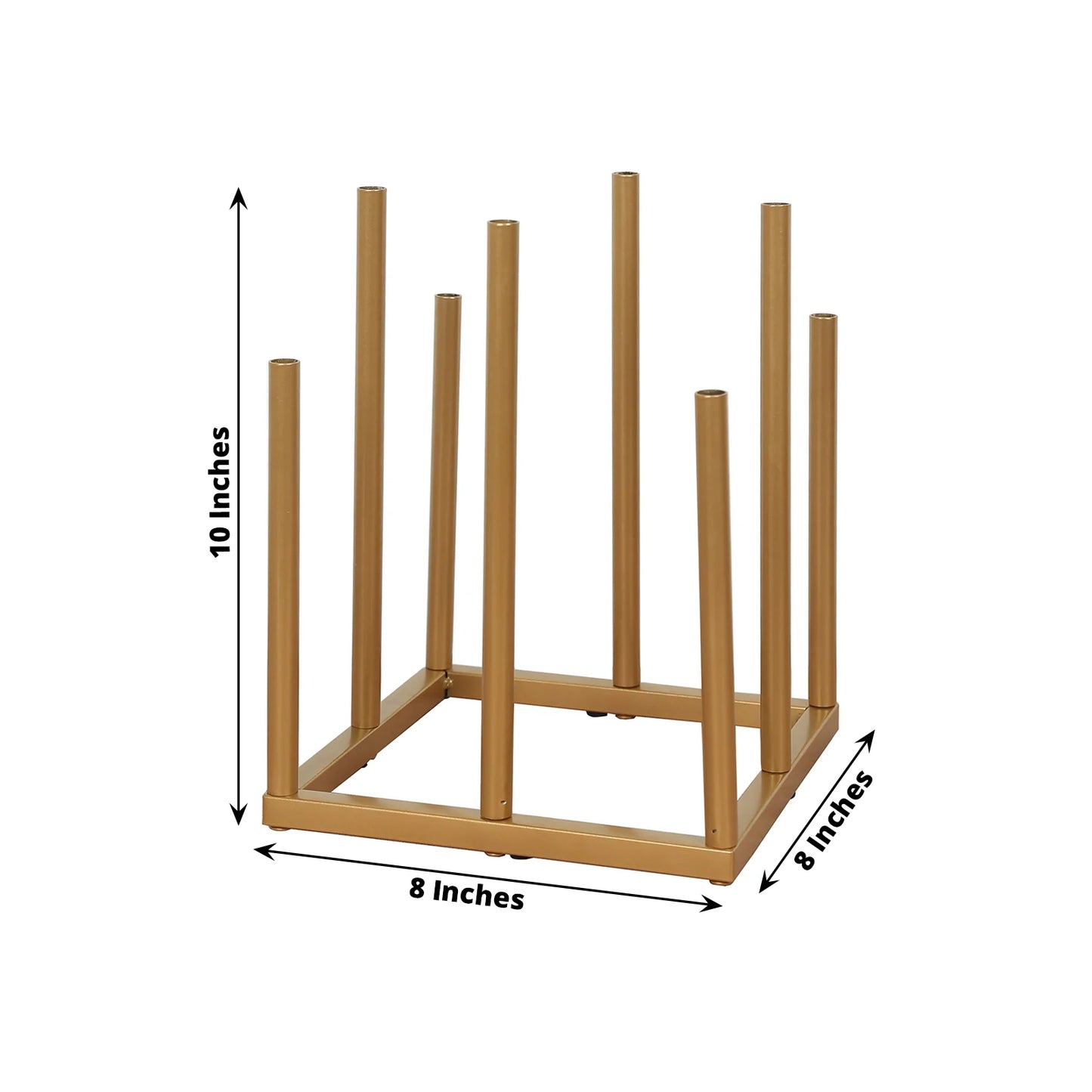 10" Gold Metal 8-Tubes Single Stemmed Flower Vase Centerpiece with Hollow Square Base, Minimalist Style Bud Vase For Floral Arrangements
