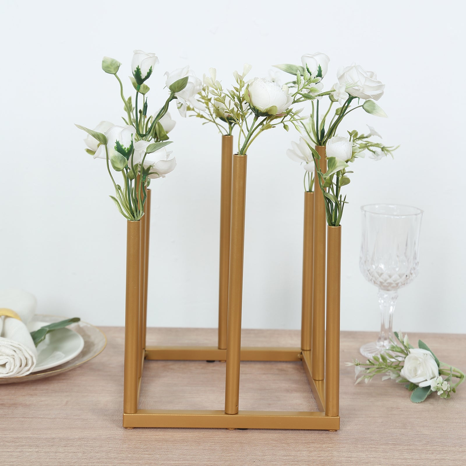 Gold Metal 8 Tube Square Bud Vase | tcflinen.com, image size:1600x1600