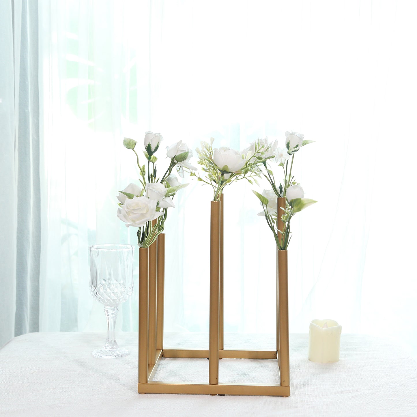 10" Gold Metal 8-Tubes Single Stemmed Flower Vase Centerpiece with Hollow Square Base, Minimalist Style Bud Vase For Floral Arrangements