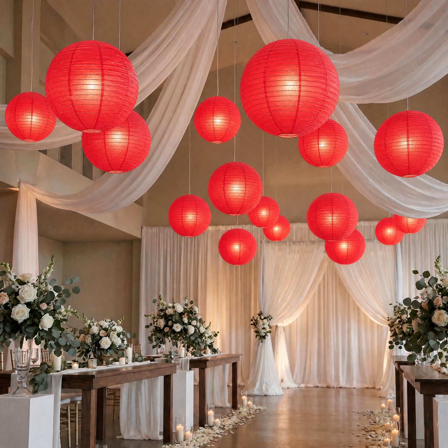 10 Pack Red Round Hanging Paper Lanterns, 30" Chinese Sky Lanterns for Wedding, Party & Event Decora