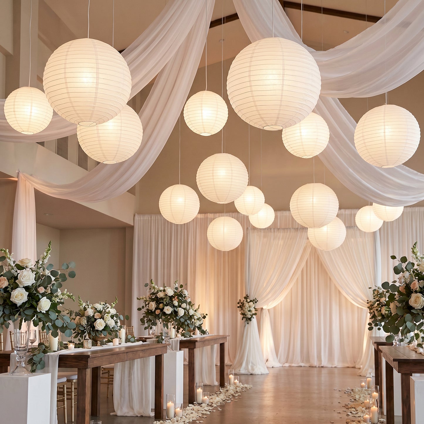 10 Pack White Round Hanging Paper Lanterns, 30" Chinese Sky Lanterns for Wedding, Party & Event Deco