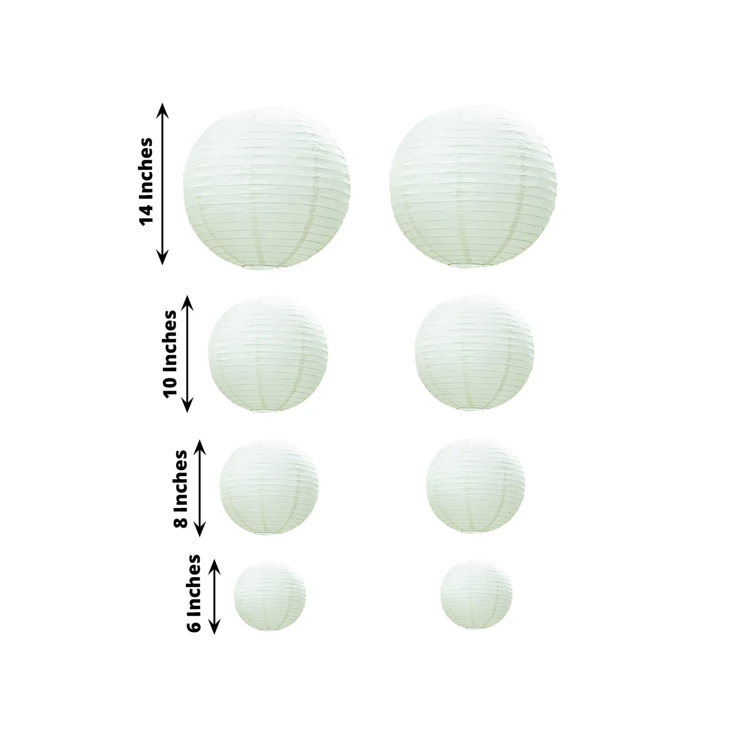 Set of 8 ivory hanging paper lanterns in assorted sizes.