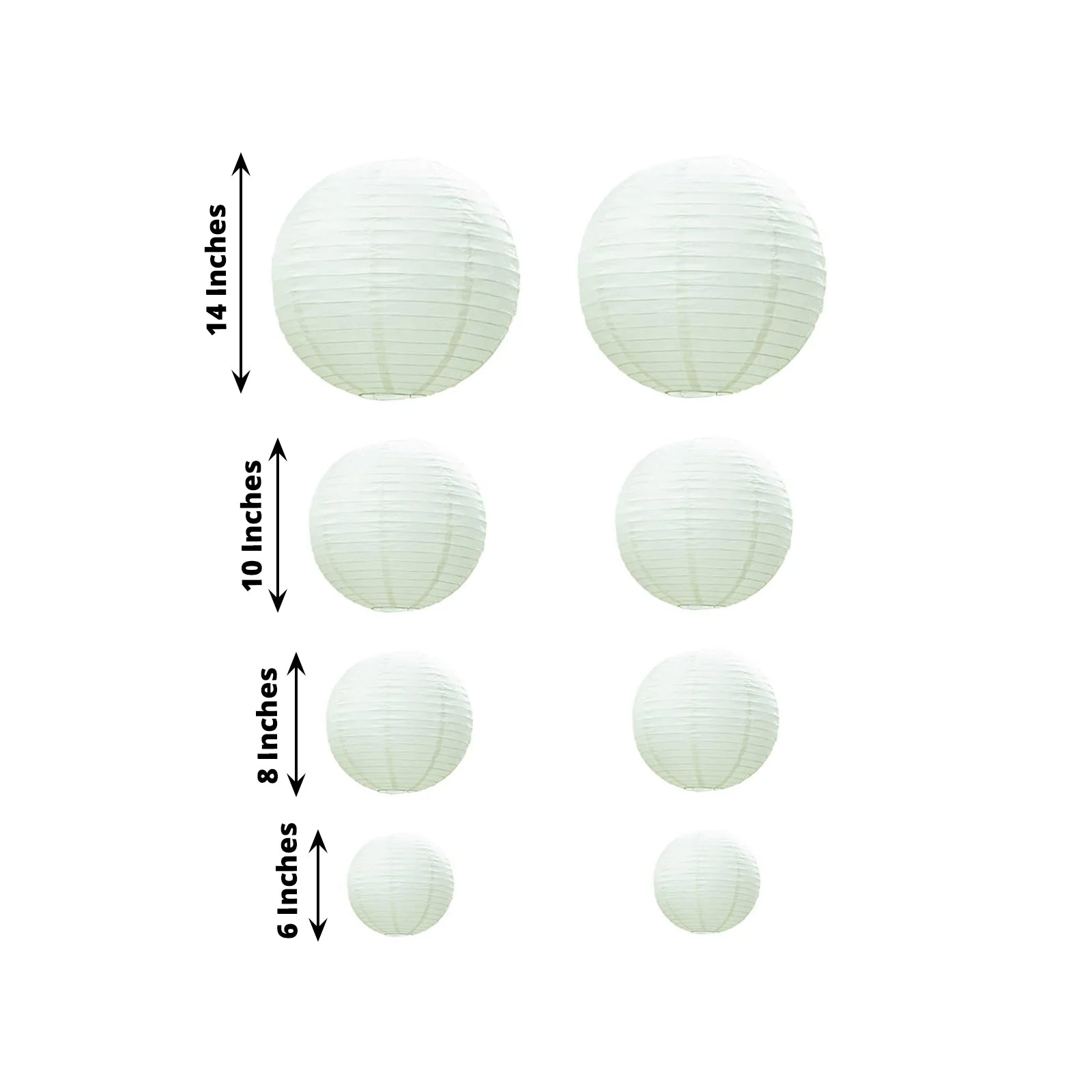 Set of 8 ivory hanging paper lanterns in assorted sizes.