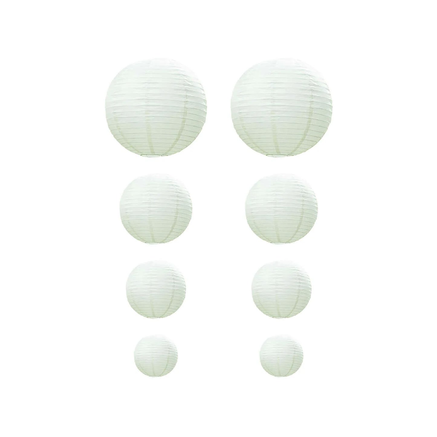 Set of 8 ivory hanging paper lanterns in assorted sizes.