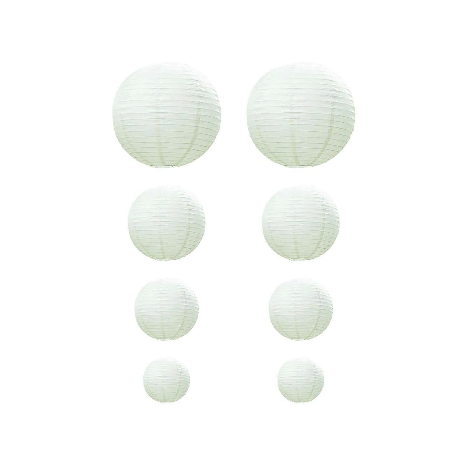 Set of 8 ivory hanging paper lanterns in assorted sizes.