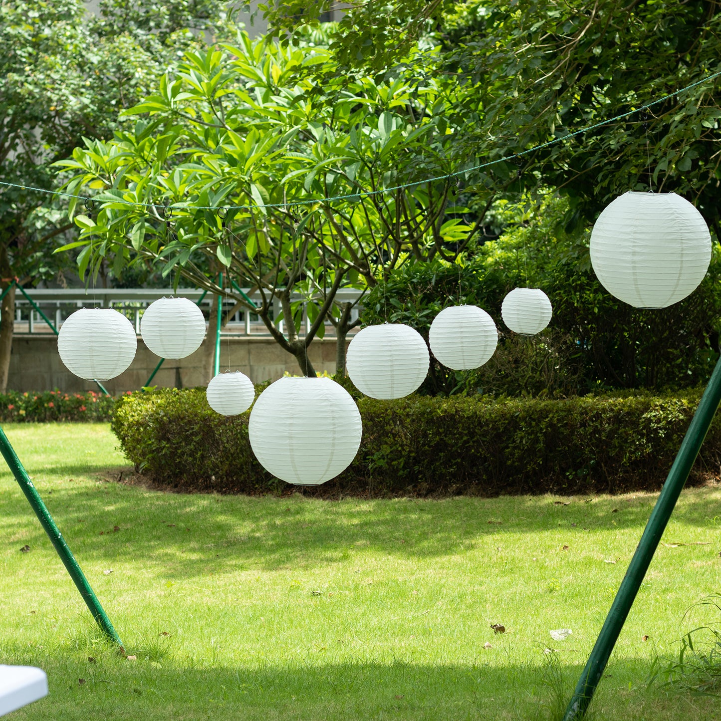 Set of 8 ivory hanging paper lanterns in assorted sizes.