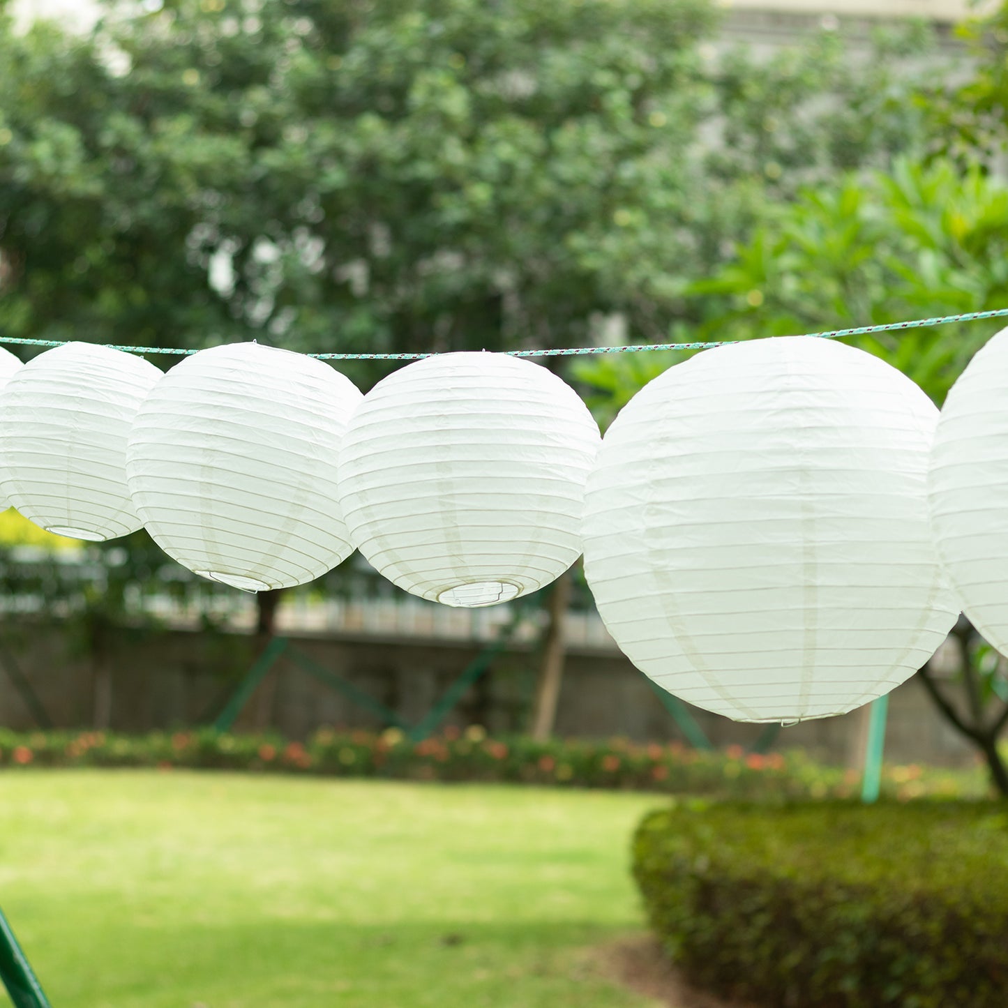 Set of 8 ivory hanging paper lanterns in assorted sizes.