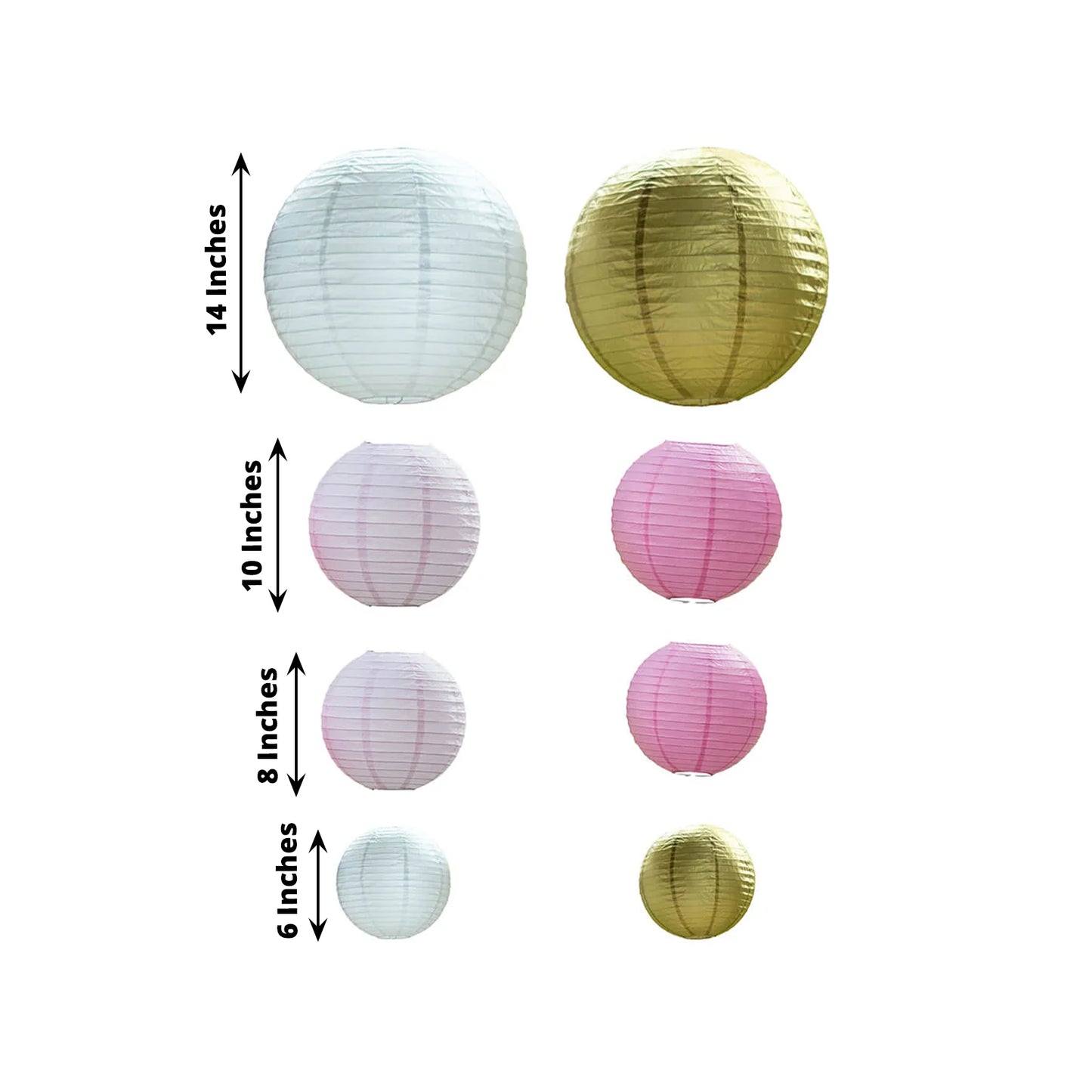 Mixed blush gold hanging paper lanterns in assorted sizes.