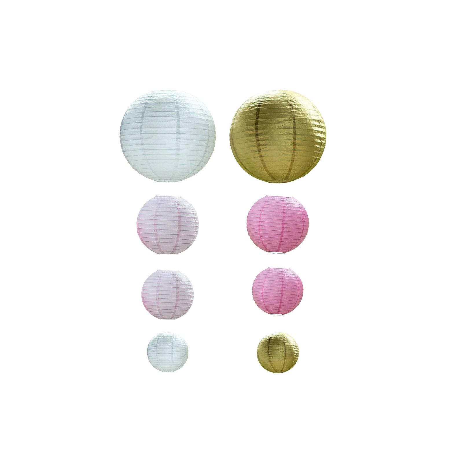 Blush and gold hanging paper lanterns in assorted sizes.